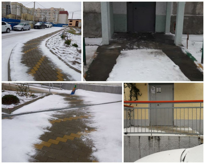 Дворники очищают тротуары во дворах Новороссийска от снега и наледи