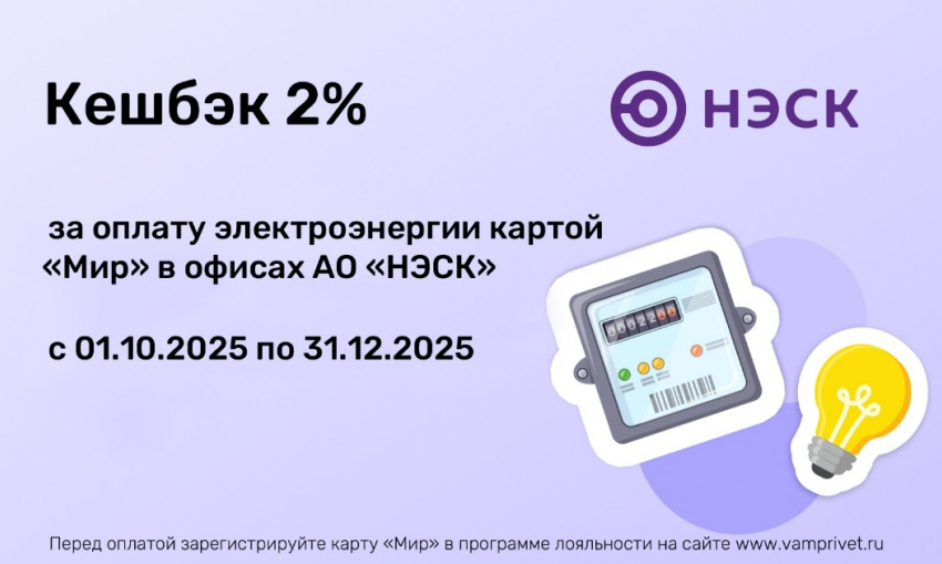 Оплата электроэнергии в АО «НЭСК» по карте «Мир» с выгодой