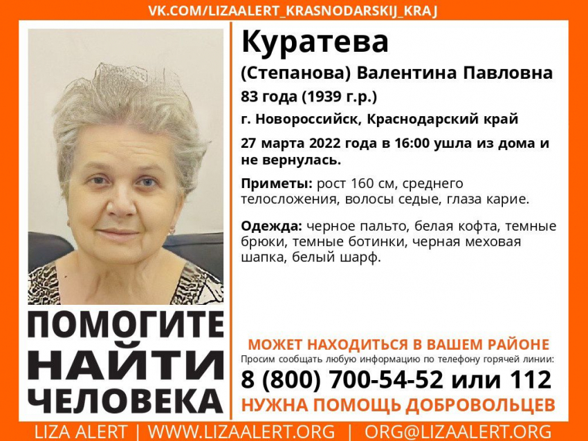 Пропавшую 83-летнюю женщину ищут в Новороссийске 