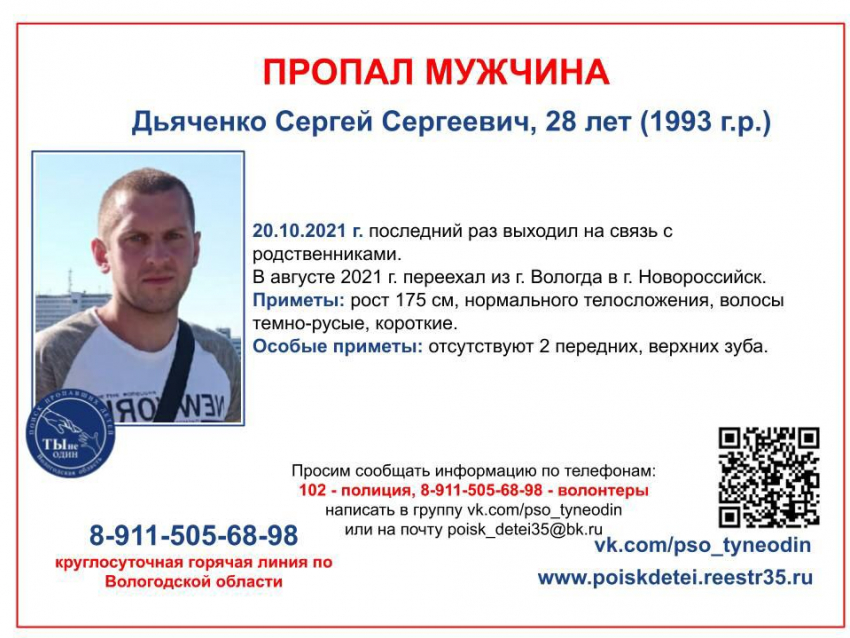 Больше месяца ищут мужчину, переехавшего в Новороссийск из Вологды 